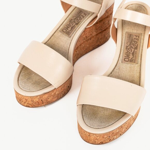Salvatore Ferragamo Madea Cream Leather & Cork Wedge Sandals - Picture 6 of 10